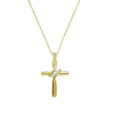 JewelExclusive 10K Yellow Gold Natural Round-cut Diamond Accent I-J Color, I2-i3 Clarity 3 Stone Cross Pendant 18"