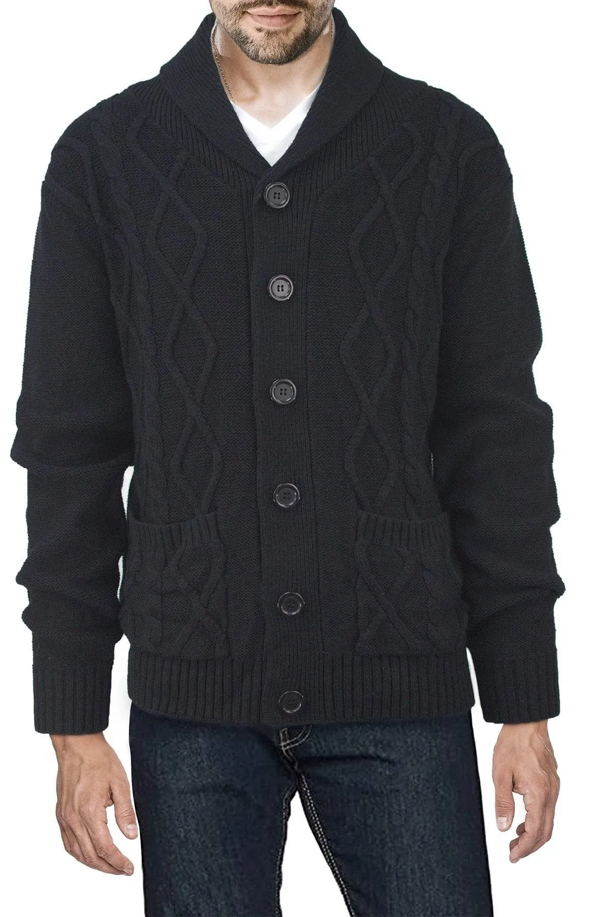 x Ray Men's Shawl Collar Cable Knit Cardigan, Black, Small