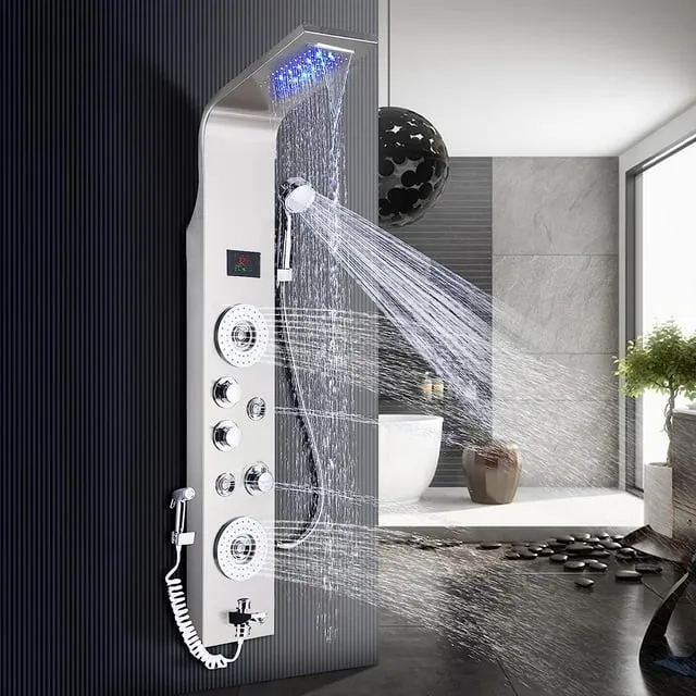 feetron Nickel Brushed Bathroom Shower Panel with LED Tower System Rainfall Shower Head System Stainless Steel Wall Mounted Home