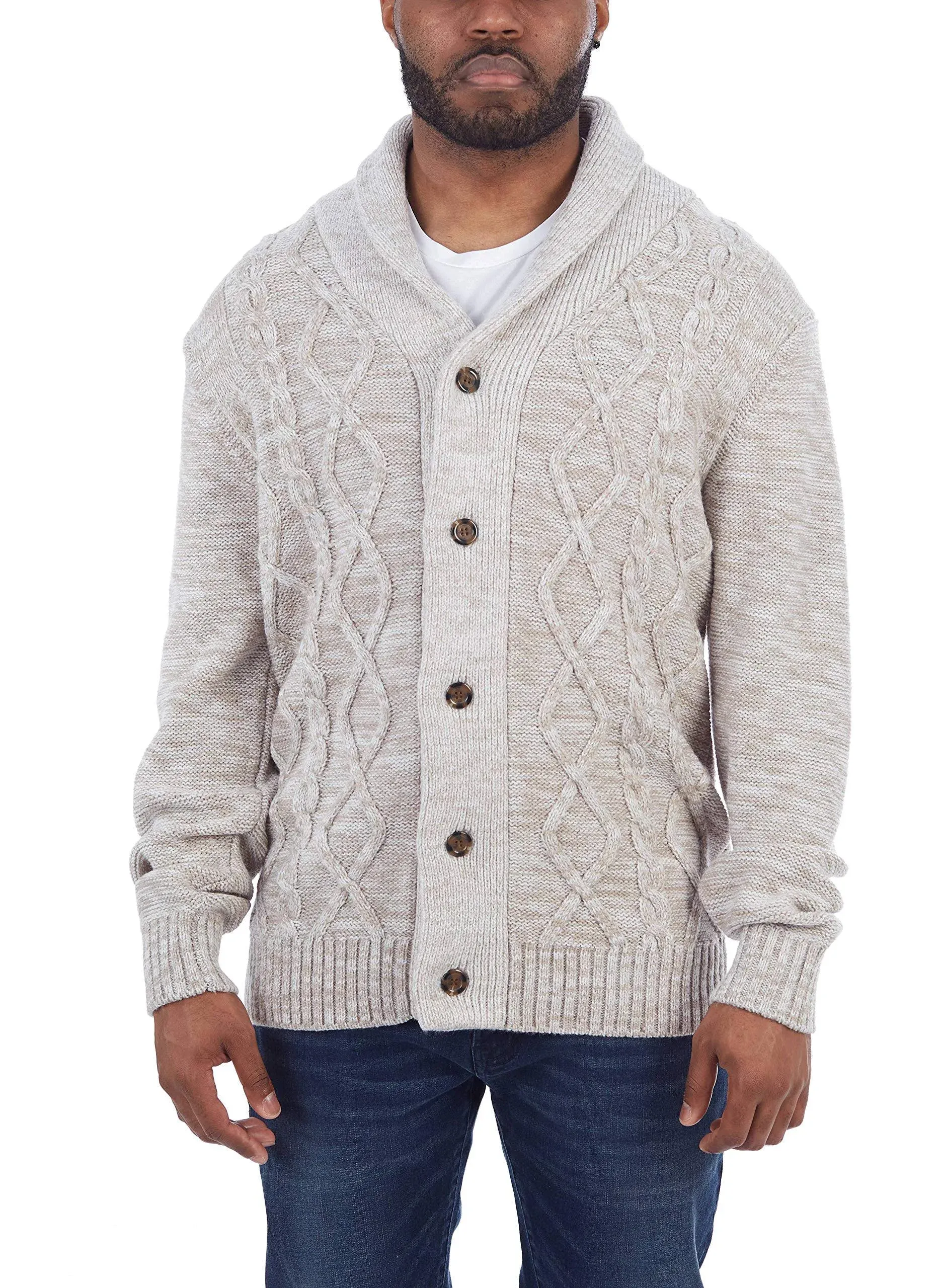 x Ray Men's Shawl Collar Cable Knit Cardigan in Sand Size Large