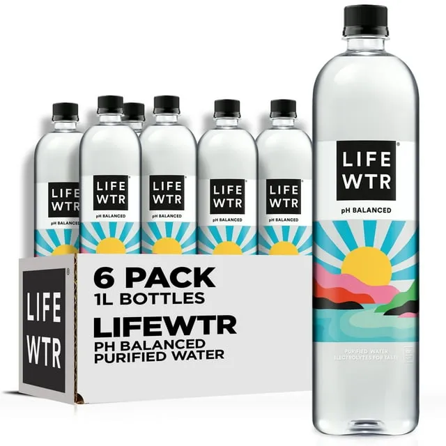 LIFEWTR 프리미엄 정제수, 전해질과 pH 균형, 100% 재활용 플라스틱 병, 33.8 Fl Oz, 1L, 6개(1팩)