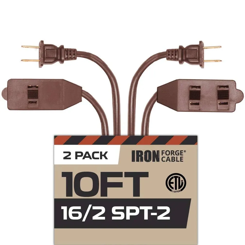 Iron Forge Cable 10 ft Brown Extension Cord 2 Prong 3 Outlets, 2 Pack, 16/2 ...