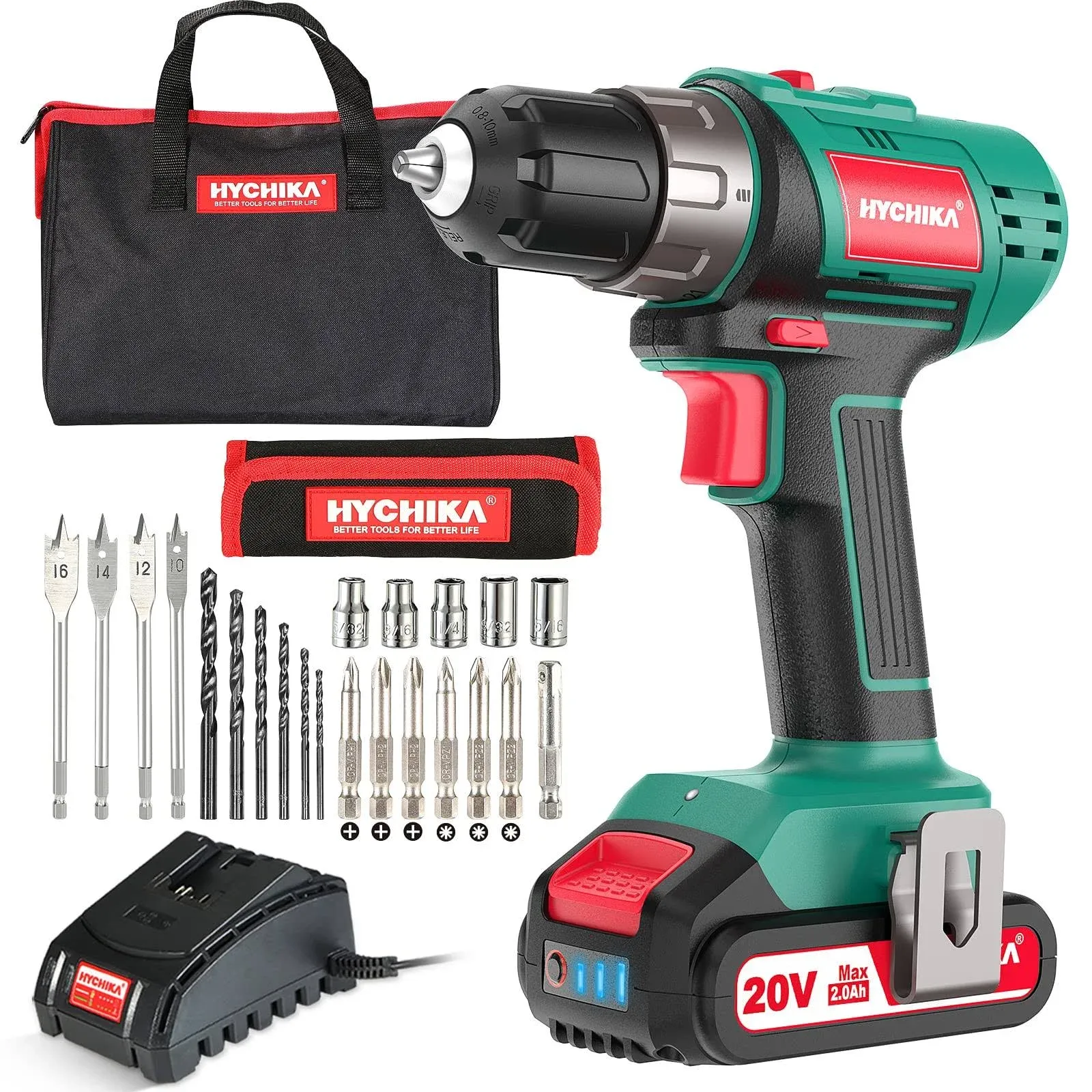 Cordless Hammer Drill Driver 18V, HYCHIKA 400 In-lbs Torque Power Drill with Auxiliary Handle, 1/2” Metal Chuck, 2.0Ah Battery, 1H Fast Charger, 21+3 Clutch, LED Light for Drilling Wood Metal Wall