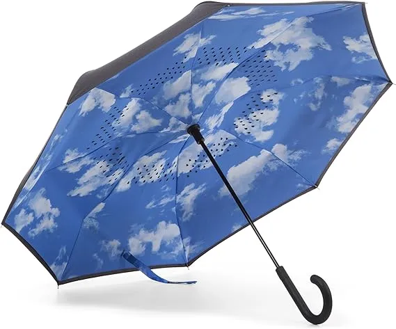 Totes InBrella - Reverse Close Umbrella with Invisible Water Repellent Coating - Auto Close, Inverted, Dripless, and Stormproof for Rainy Weather