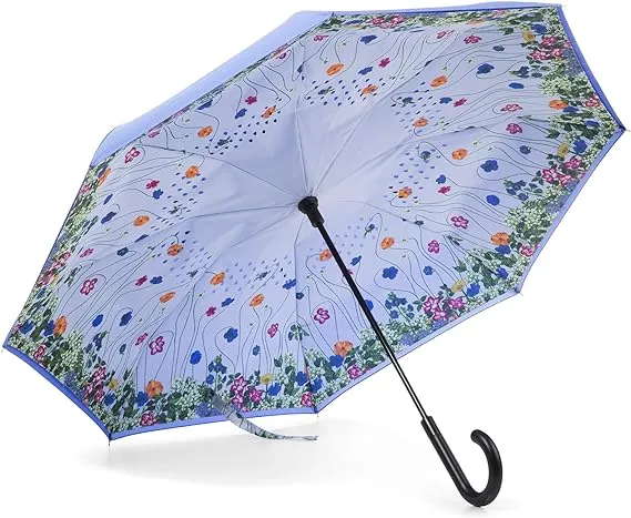 Totes InBrella - Reverse Close Umbrella with Invisible Water Repellent Coating - Auto Close, Inverted, Dripless, and Stormproof for Rainy Weather