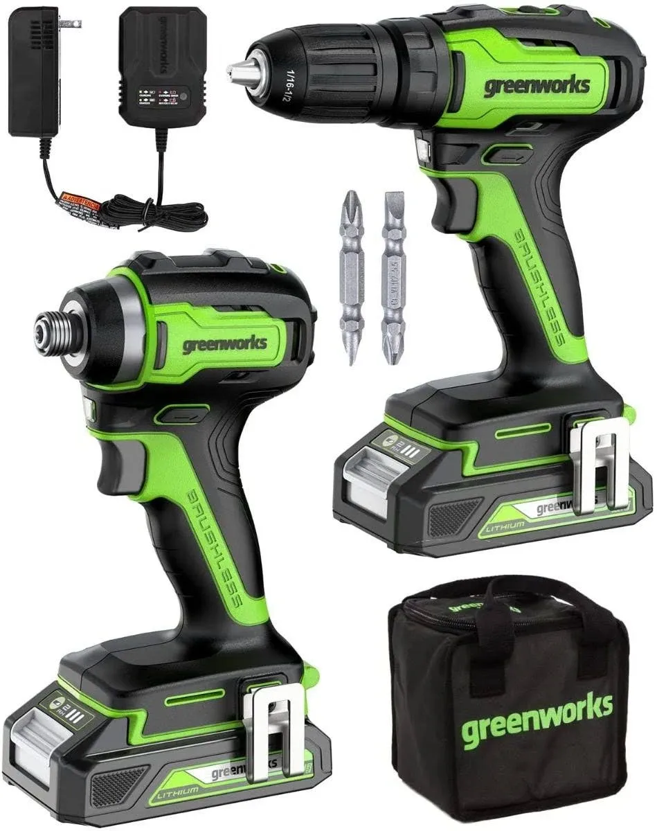 Greenworks 24V Max Cordless Brushless Drill + Impact Combo Kit, (2) 2.0Ah ...