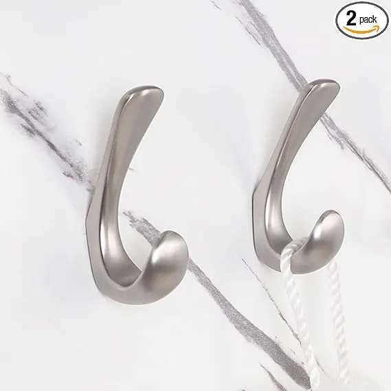 2 Pack Towel Hooks for Bathrooms Wall Mounted, Brushed Nickel Bathroom Hooks for Towels, Robe & Towel Hook for Wall, Modern Wall Hook Bath Towel Hook