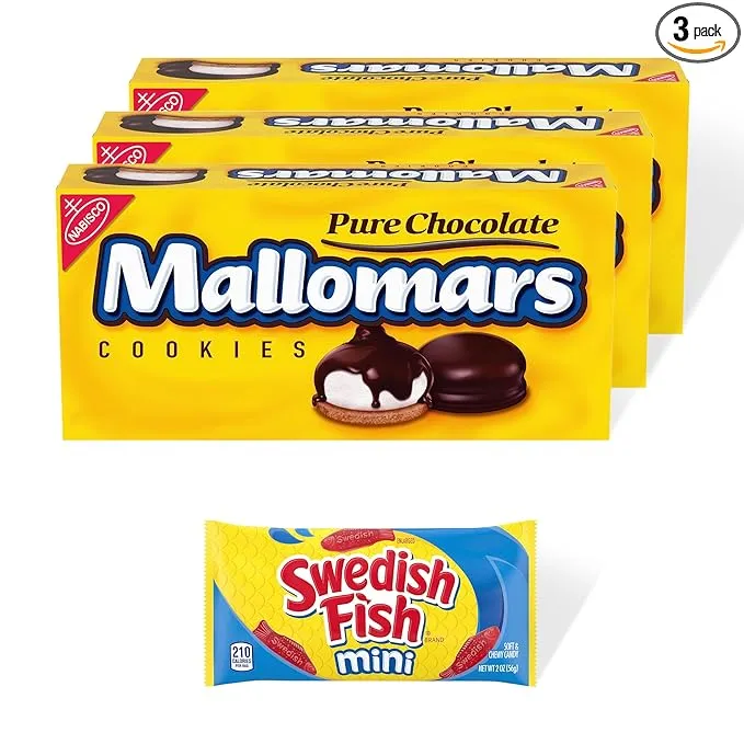 Mallomars Chocolate Cookies, 3 - 8.2 oz Boxes + Bonus SWEDISH FISH Mini Soft and Chewy Candy Snack Pack