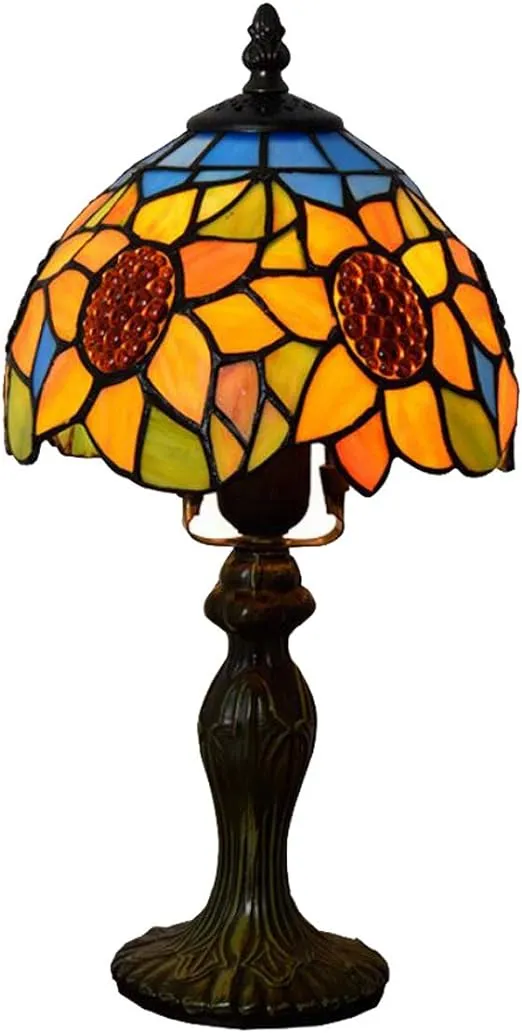 Vintage Tiffany Style Sunflower Table Lamp Pastoral Floral Stained Glass Kids Mini Bedside Desk Lamp with Aluminum Alloy Base for Bedroom Living Room, 7.8-Inch,E