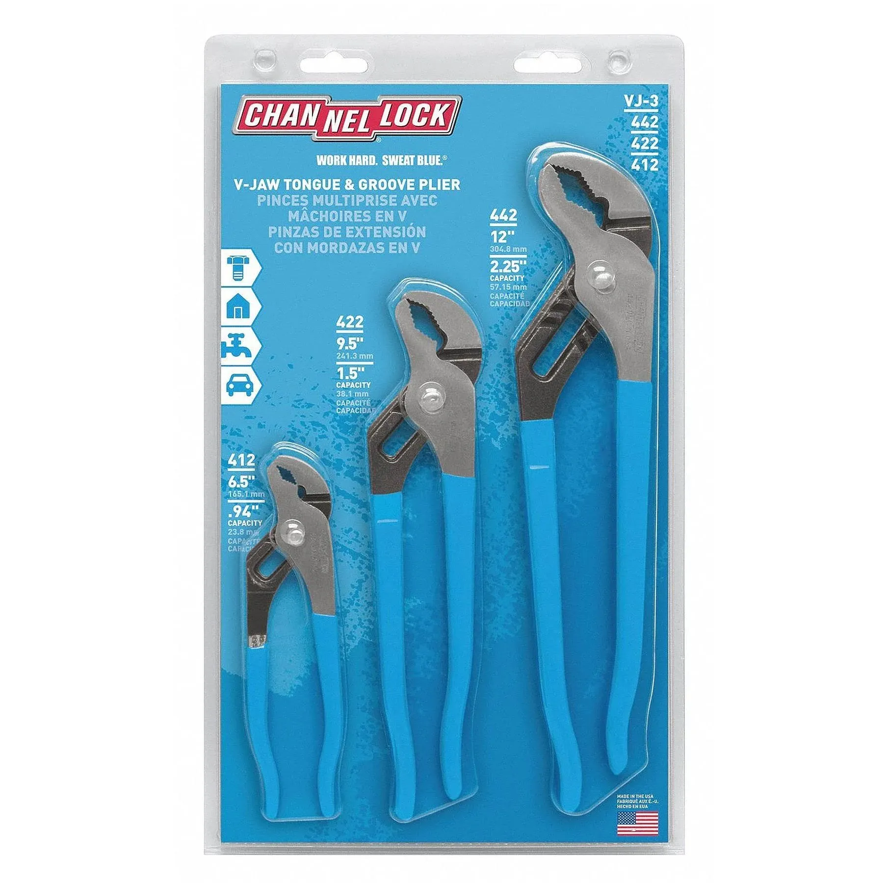 Channellock VJ-3 3PC V-Jaw Tongue & Groove Pliers Set