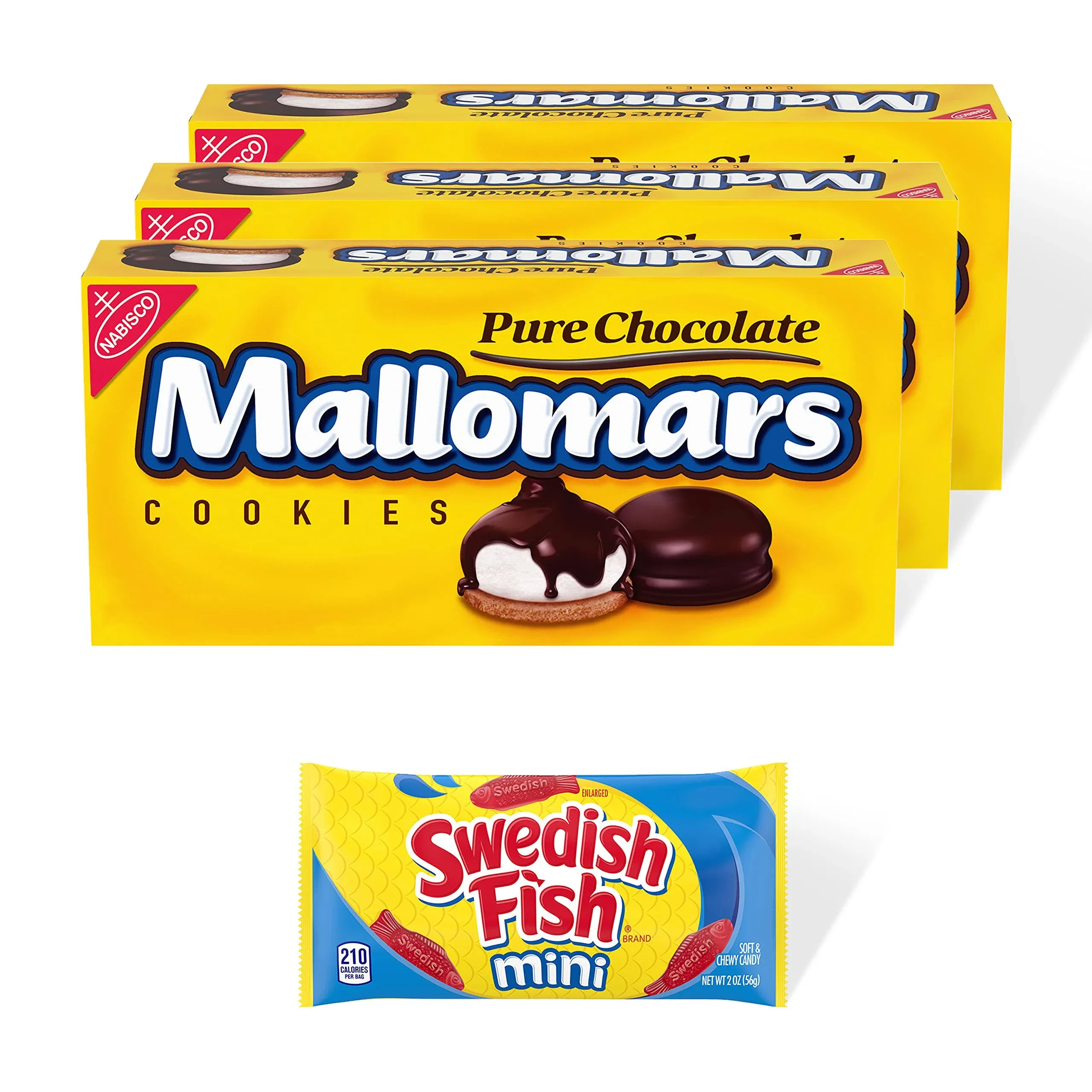 Mallomars Chocolate Cookies 3 *8.2 oz Boxes + Bonus SWEDISH FISH  Snack Pack