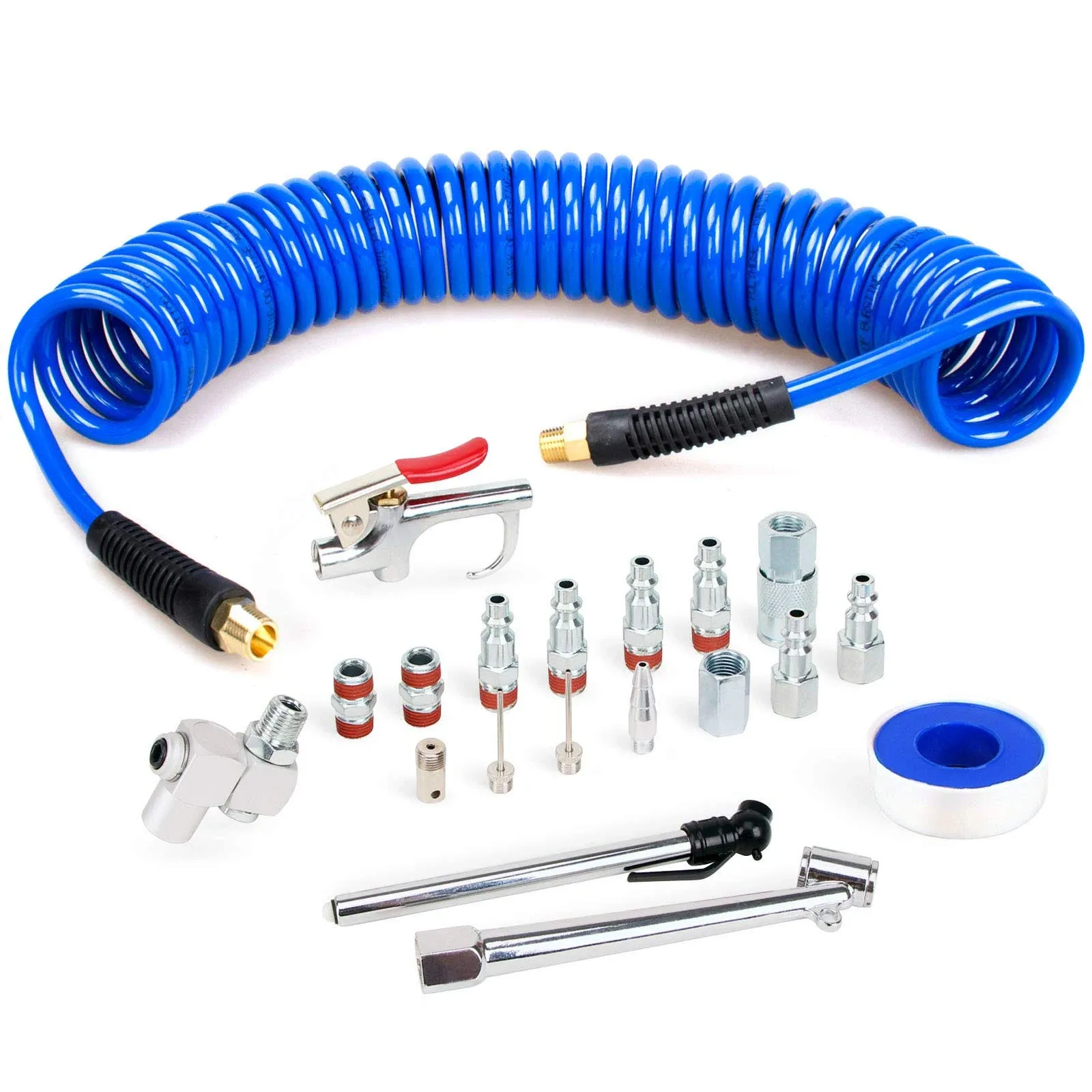 1/4 inch x 25 ft Recoil Poly Air Hose Kit, 20 Pieces Air Compressor Accessories Set, 1/4" NPT Quick Connect Air Fittings, Blow Gun, Chuck, Safety and Tapered Nozzles, Couplings