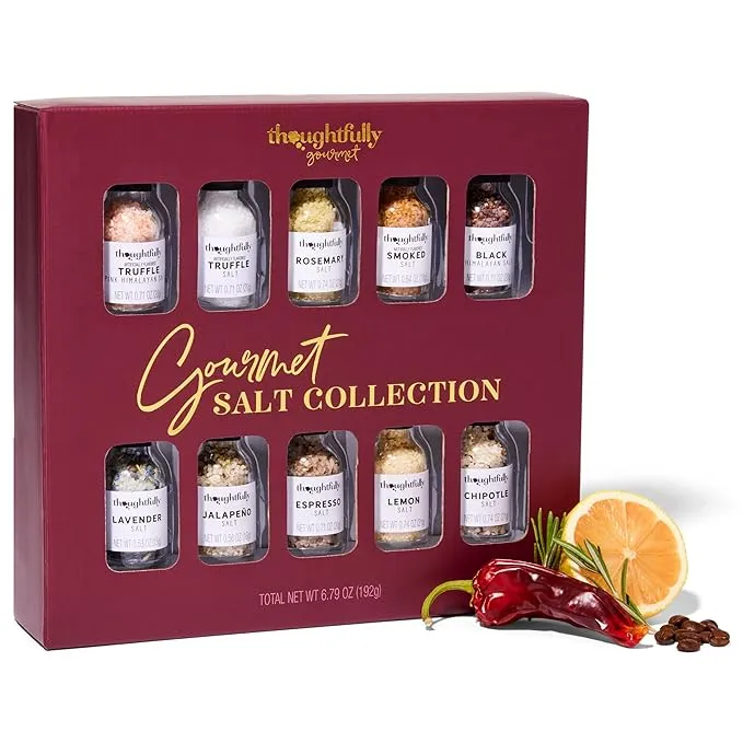 Thoughtfully Gourmet, Gourmet Cooking Salt Sampler Gift Set, Gourmet Seasoning Salts In Glass Bottles, Flavors Include Smoked, Lavender, Rosemary, Truffle, Lemon, Chipotle and More, Set of 10