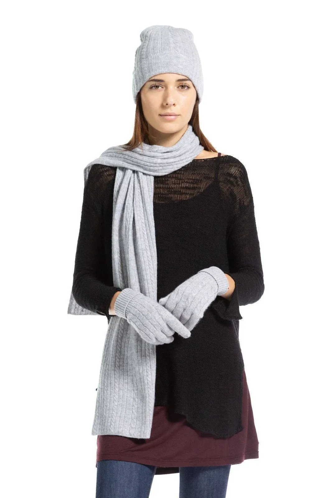 Women's 3pc 100% Pure Cashmere Cable Knit Hat Glove Scarf Set with Gift Box