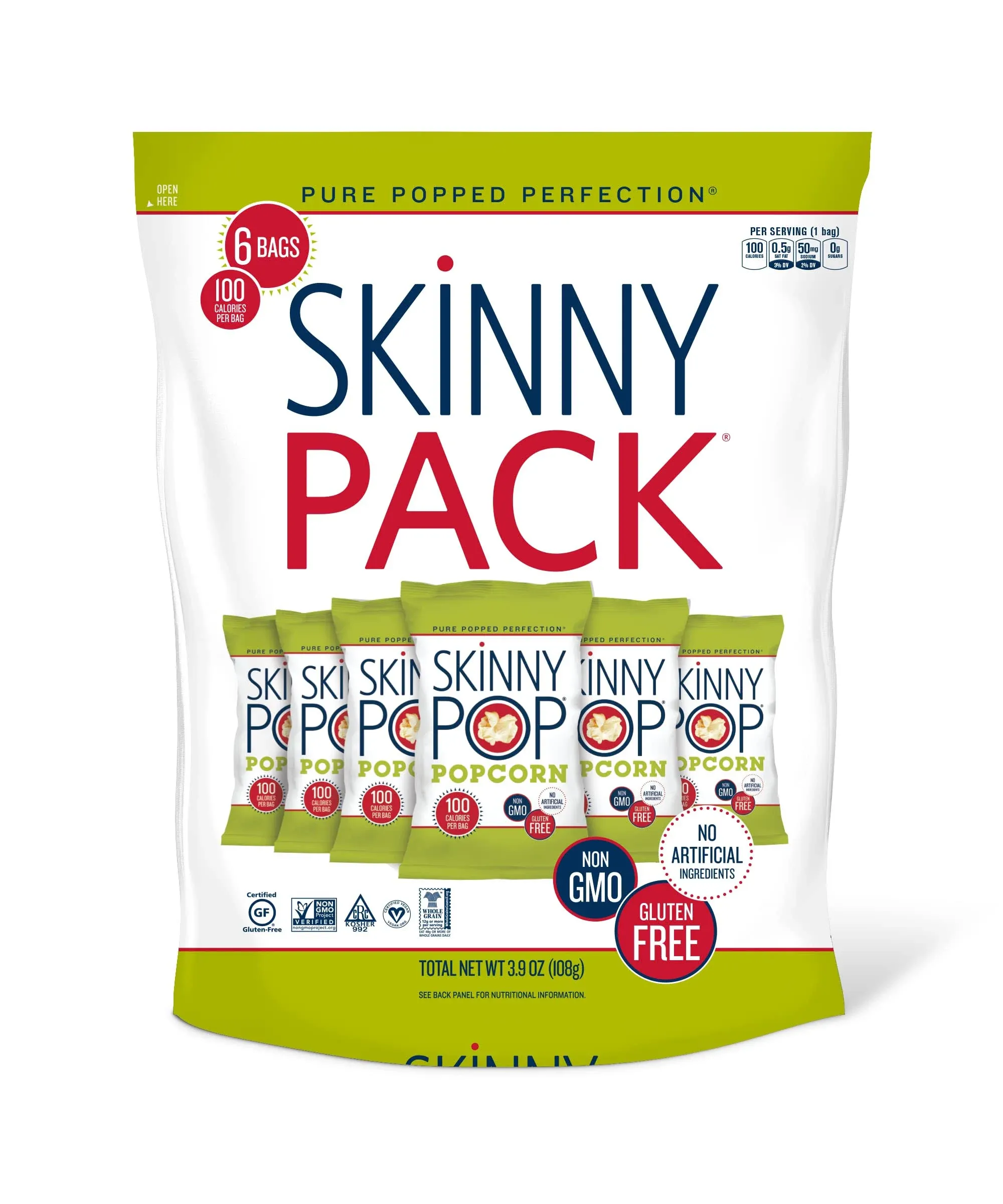 Skinny Pop Original Popcorn Snack Packs, 0.65 oz, 6 ct