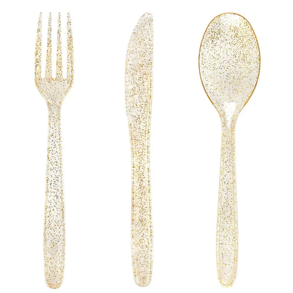 WDF 360 Gold Plastic Silverware - Disposable Gold Glitter Plastic Cutlery - P...