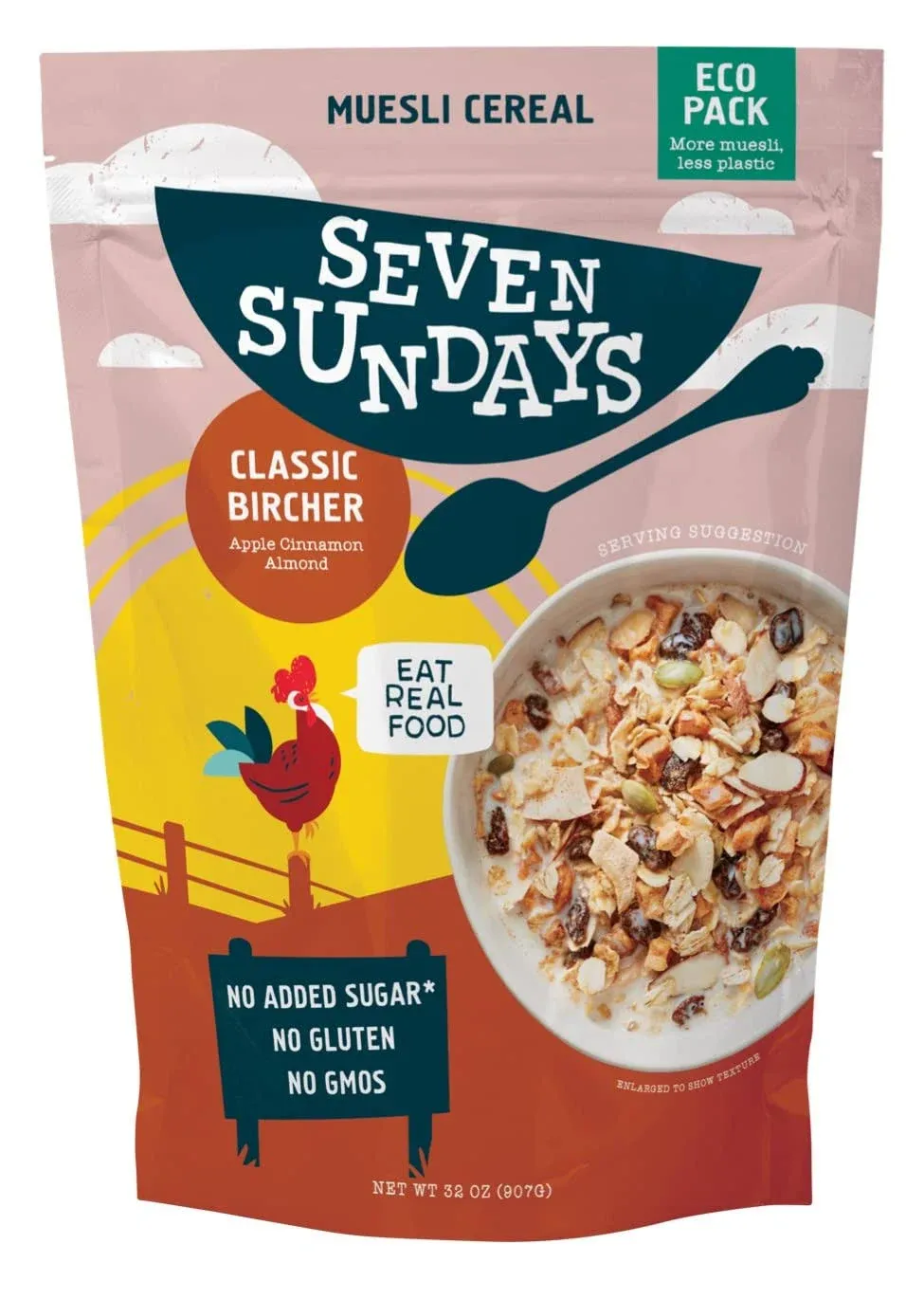 Seven Sundays Muesli Cereal Classic Bircher Apple Cinnamon Almond 32 oz Bag Gluten Free 0g Added Sugar Enjoy Warm Cool or