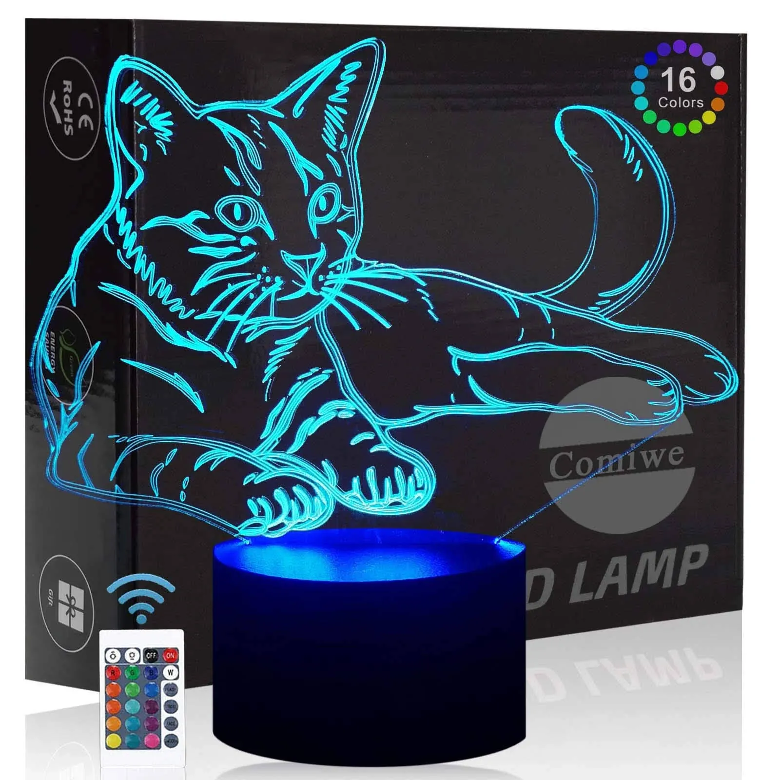 Comiwe Cat 3D Illusion Night Light Toys,16 colors Change Smart Touch & Remote Control,Home Decor LED Bedside Table Desk Lamp