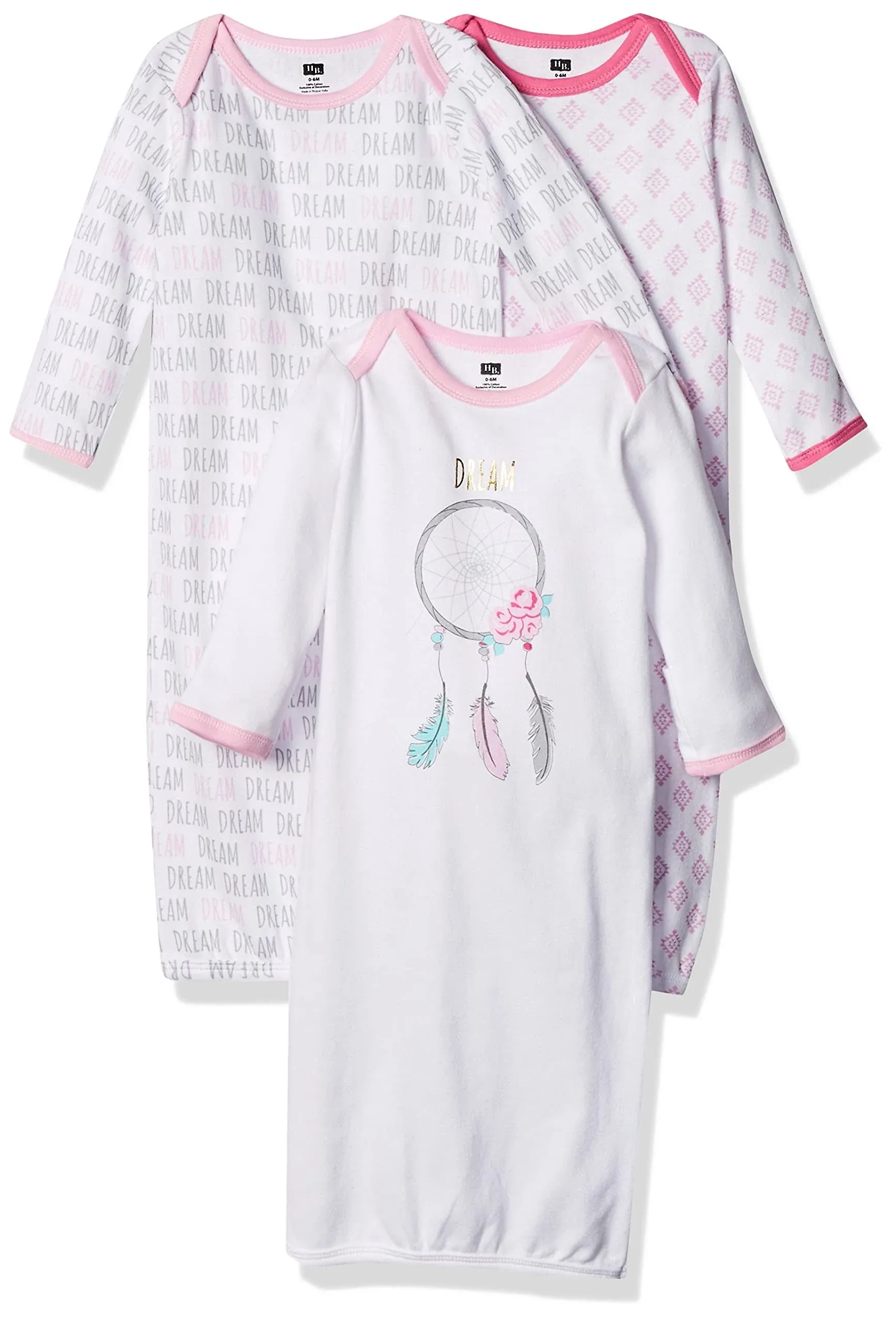 Hudson Baby Infant Girl Cotton Long-Sleeve Gowns 3pk, Dream Catcher, 0-6 Months