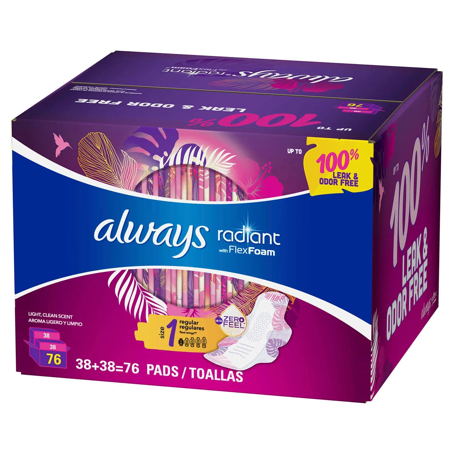 Always Radiant Pads, with Flex Foam, Regular, Size 1, Light/Clean Scent - 76 pads