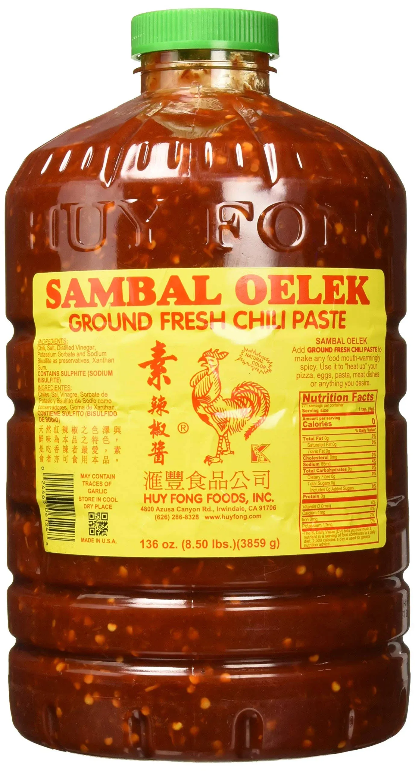 Huy Fong Sambal Oelek Ground Fresh Chili Paste 136 oz/8.5 pound. Exp:Aug/2025.