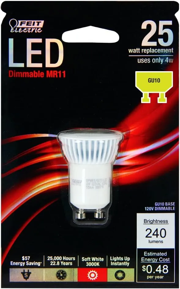 Feit Electric LED Dimmable MR11 GU10 Base 240 Lumens 25 Watt. 4w usage