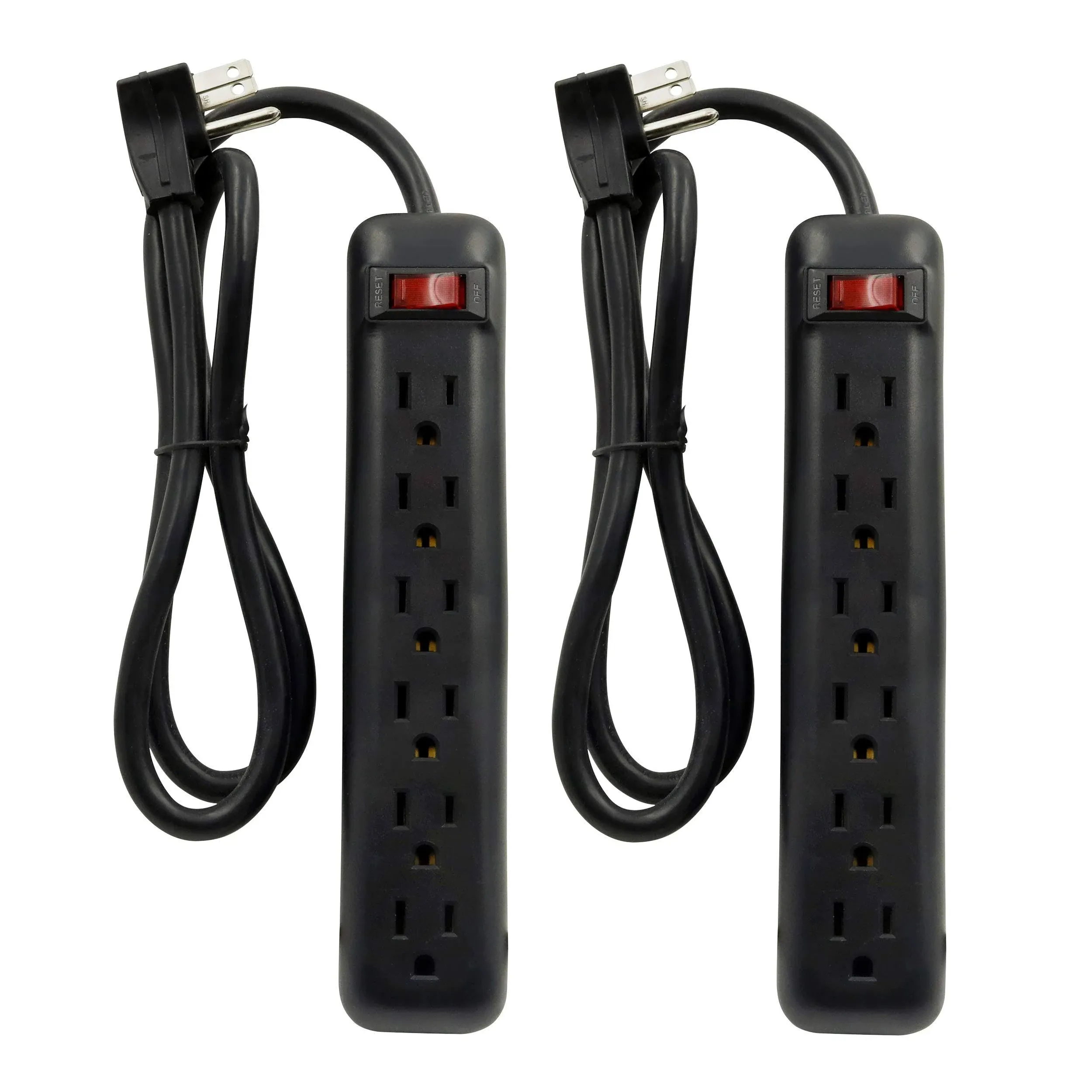 Clear Power 2-Pack 6 Outlet Power Strip, 3 ft Power Cord, Low-Profile Flat Plug, 3-Prong Grounded, Black, 15 Amp Circuit Breaker, DC3S-00232P-DC