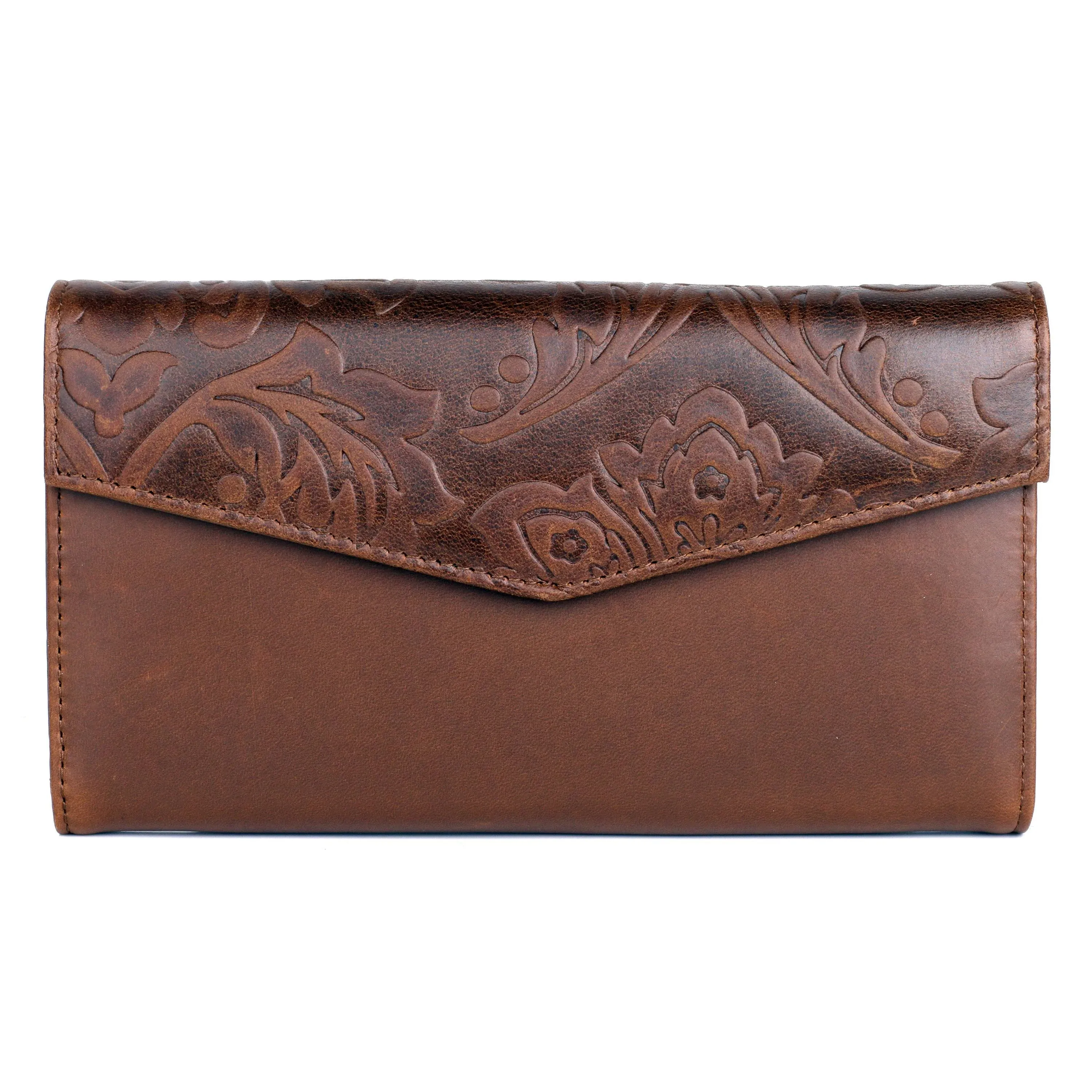 Buxton Tooled Leather Organizer Clutch - Brown