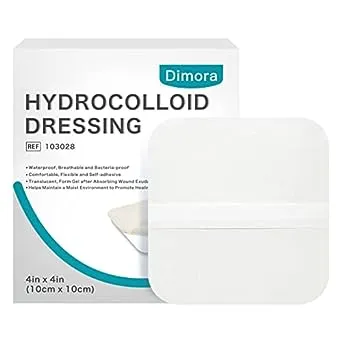 Dimora Hydrocolloid Dressing 4" x 4" for Wound Care, 10 Pack Large Patch Bandages with Self-Adhesive for Bedsore, Burn, Blister, Acne Care, Super Absorbent for Fast Healing