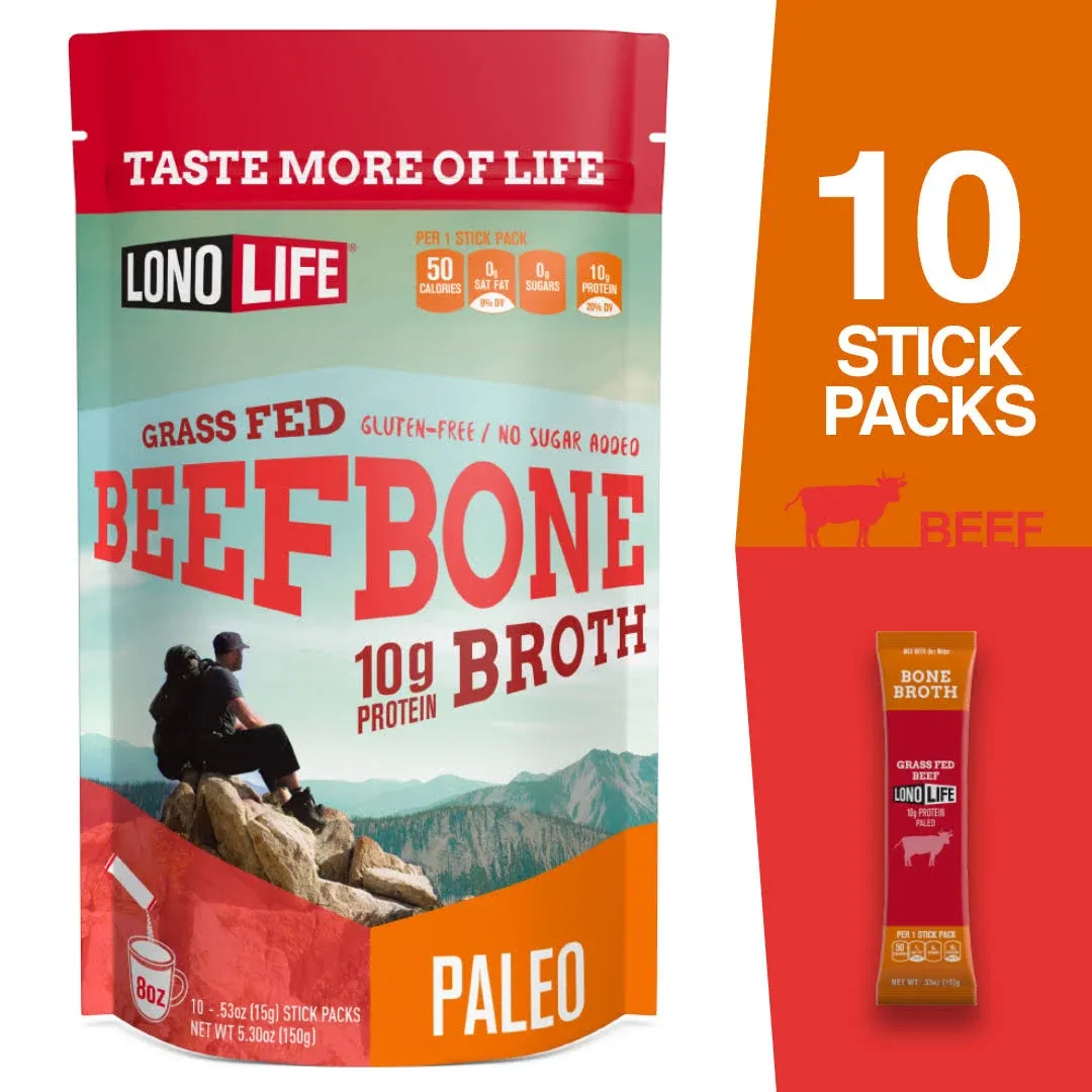 LonoLife Grass Fed Beef Bone Broth 10 Grams Protein, 10 Stick Packs