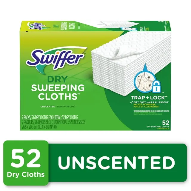 Swiffer Sweeper Dry Mop Refills for Floor Mopping and Cleaning, All Purpose Floor Cleaning Product, Unscented, 52 Count (Packaging May Vary)