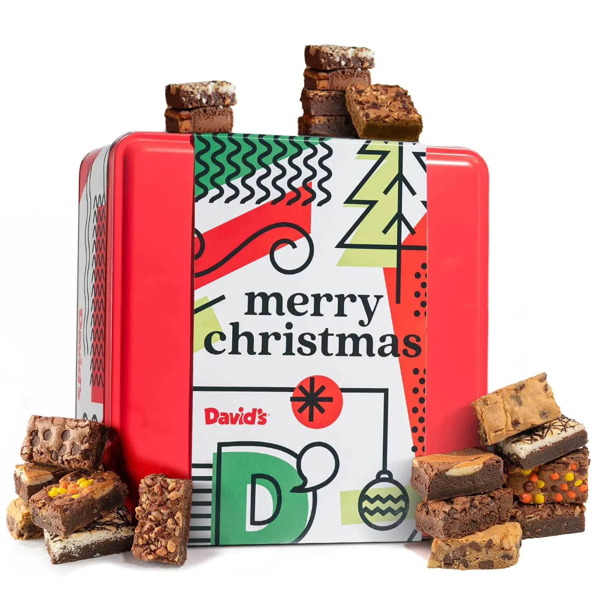 David's Cookies Assorted Brownies in Merry Christmas Tin | Delicious Fresh Baked Gourmet Chocolate Fudge Slices Comes in Mery Christmas Themed Tin Box Ideal for Gifts 2lbs