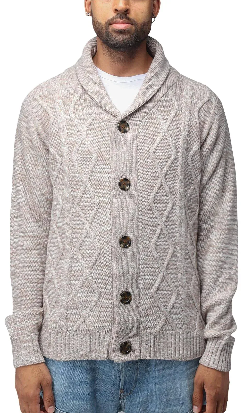 X-Ray Men's Shawl Collar Cable Knit Cardigan - Sand - Size M