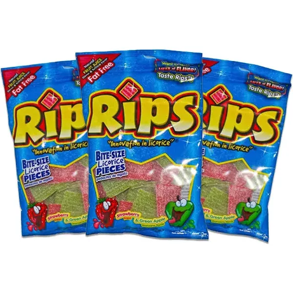 Rips Licorice Bite Size Candy - Strawberry & Green Apple - Fruit Juice Flavored Fat Free 3.5 oz (3)