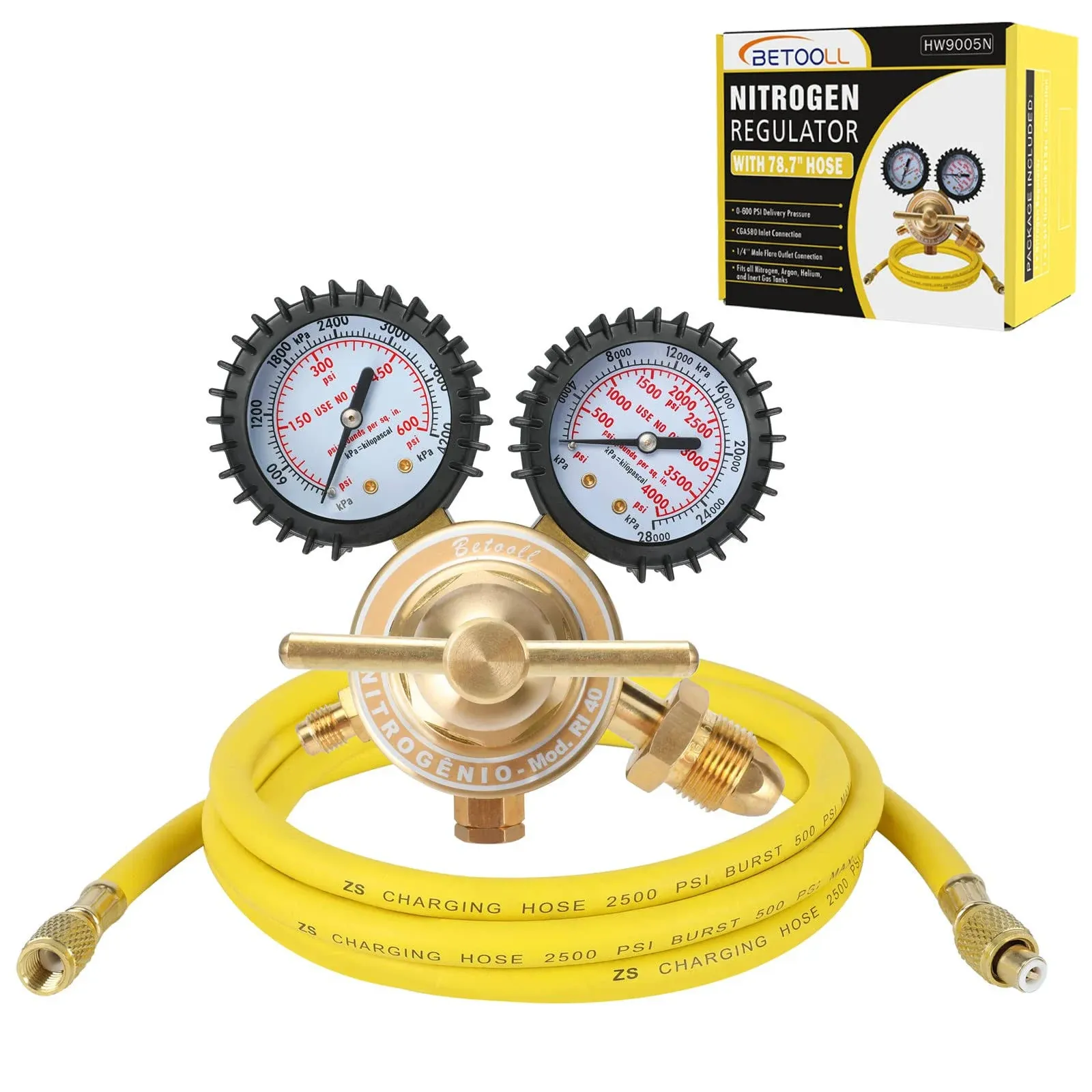 BETOOLL Nitrogen Regulator - Nitrogen Gauge with 78.7" Hose, 0-600 psi Delivery Pressure Equipment Brass Inlet Outlet Connection Gauges