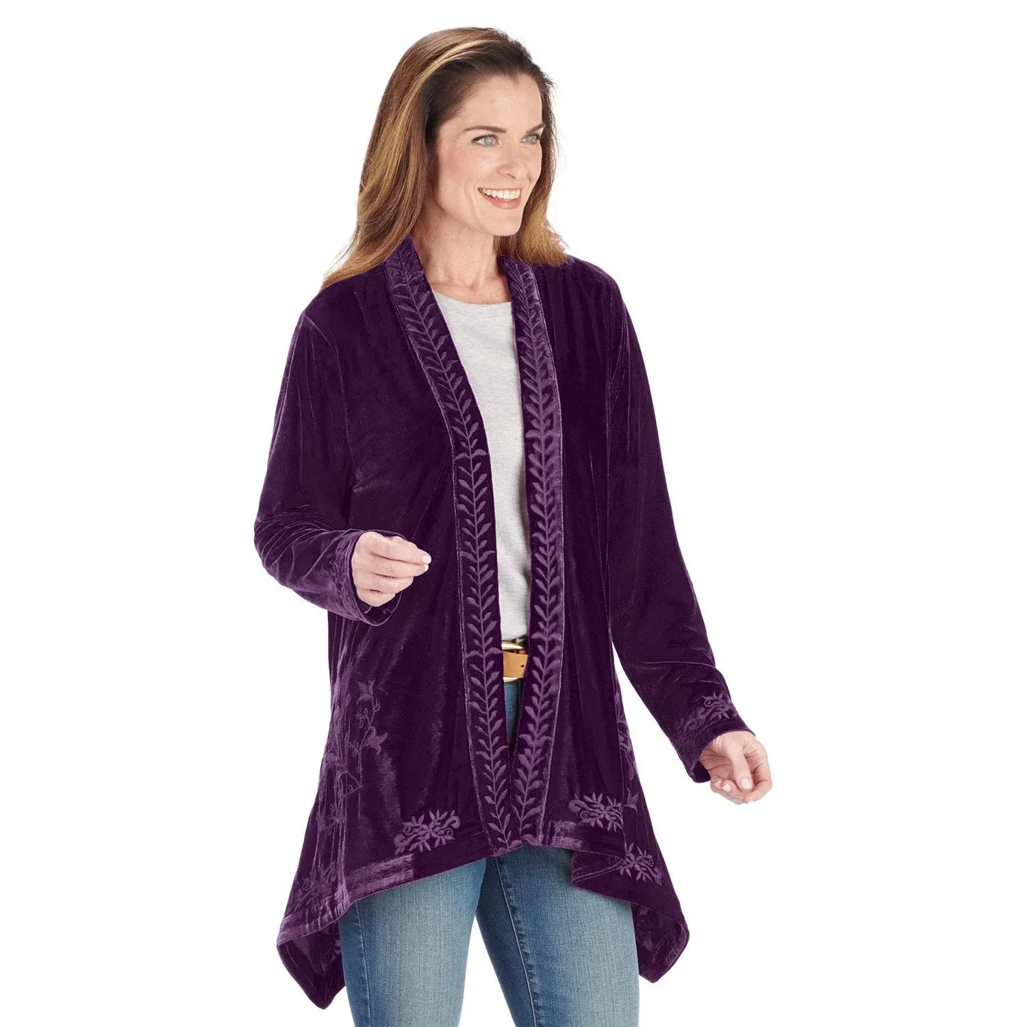 Floriana Women's Floral Embroidered Velvet Kimono - Boho Open Front Cardigan - Purple - Medium