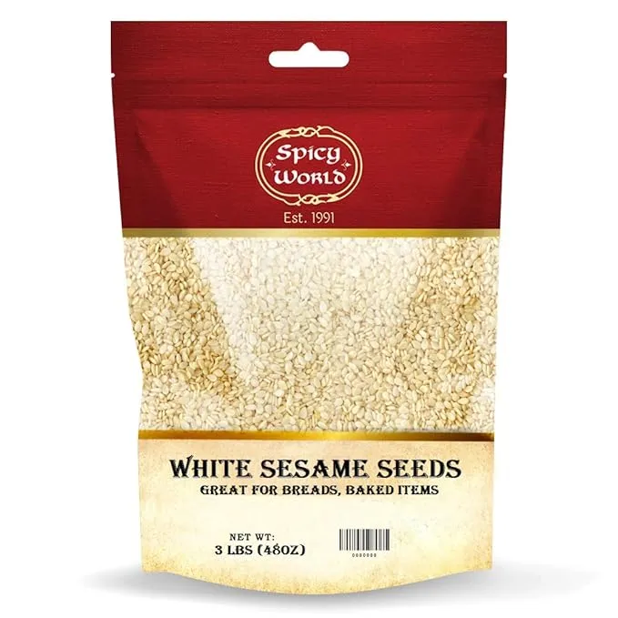 White Sesame Seeds 3lb Bag - Natural, Raw, Hulled - by Spicy World