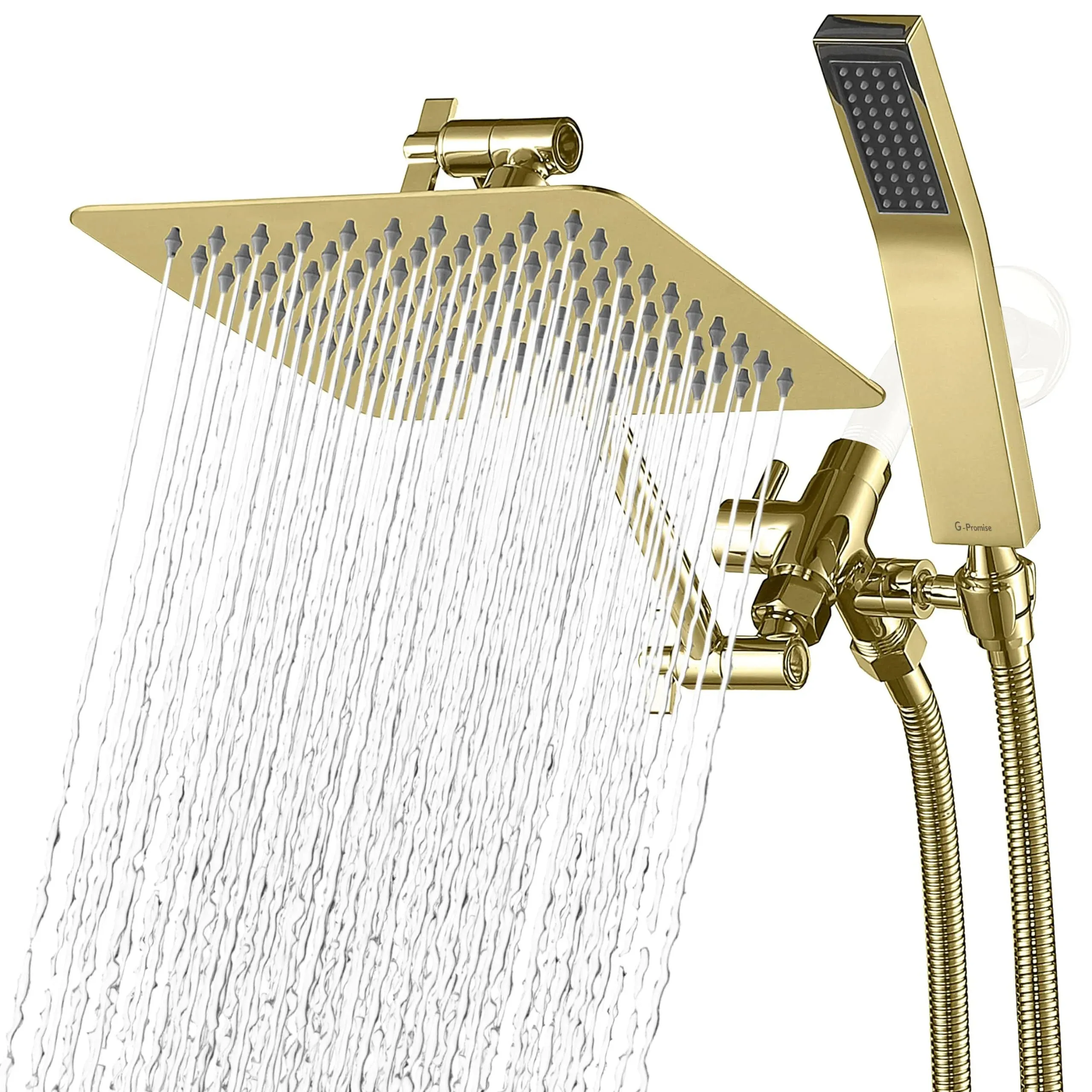 G-Promise All Metal 8 Inch Dual Square Shower Head with Handheld Combo, Rain Shower Head, Adjustable Extension Arm, Smooth 3-Way Diverter, 71 Inch Extra Long Hose - A Bathroom Upgrade (Polished Brass)