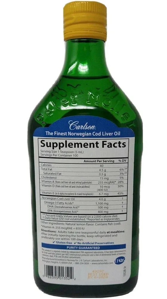 Carlson - Cod Liver Oil, 1100 mg Omega-3s, Wild-Caught Norwegian Arctic Cod-Liver Oil, Sustainably Sourced Nordic Fish Oil Liquid, Unflavored, 500 ml (16.9 Fl Oz)