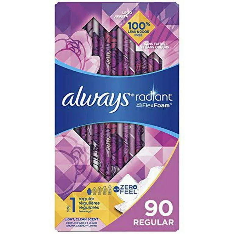 Always Radiant Feminine Pads for Women, Size 1 Regular Absorbency, with Flexfoam, with Wings, Light Clean Scent, 30 Count x 3 Packs (90 Count Total)