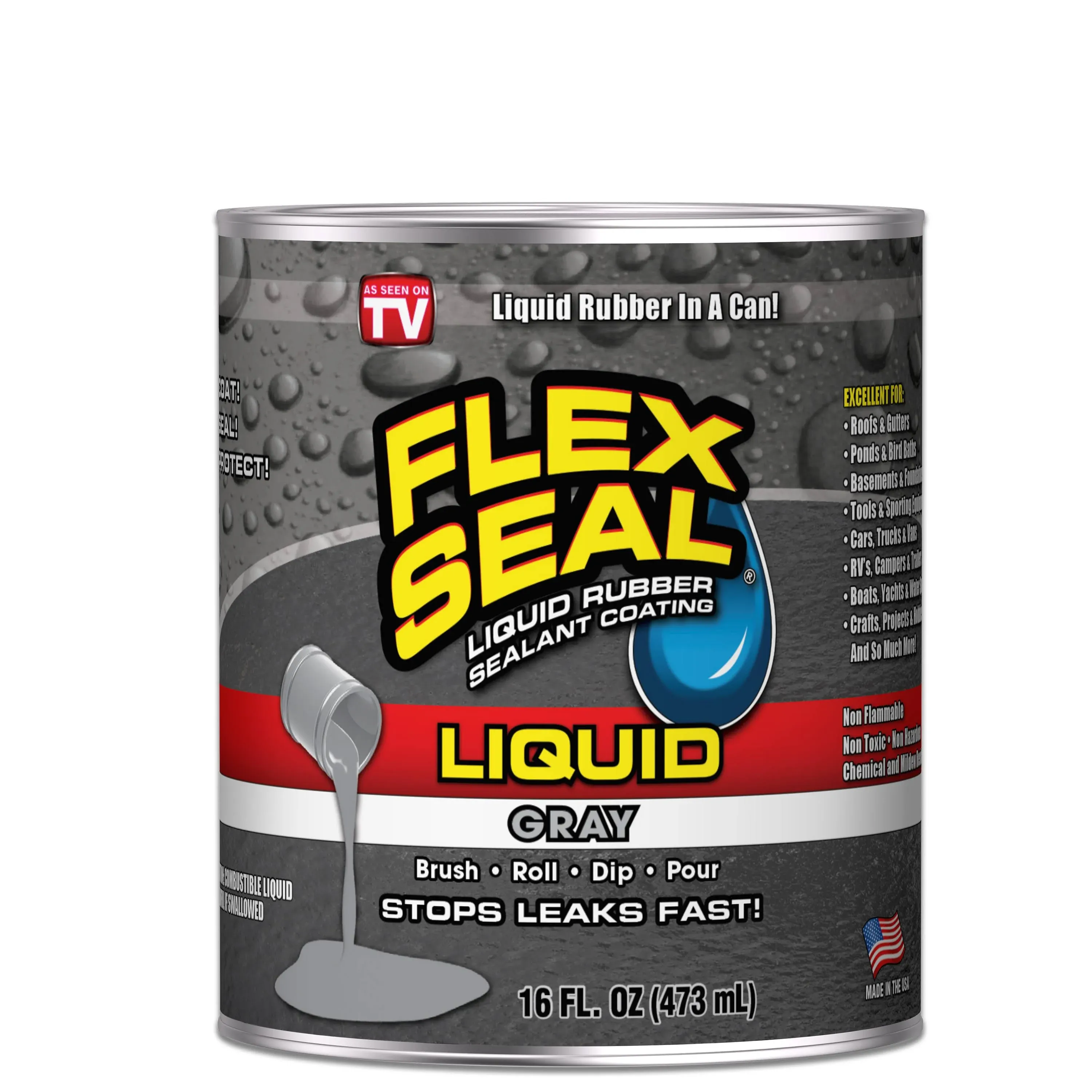 Flex Seal Liquid, 16 oz, Gray, Liquid Rubber Coating Sealant, Waterproof, Flexible, Breathable, and UV Resistant, Roof Repair, Basements, RV, Campers, Trailers, Marine, EPDM, Masonry