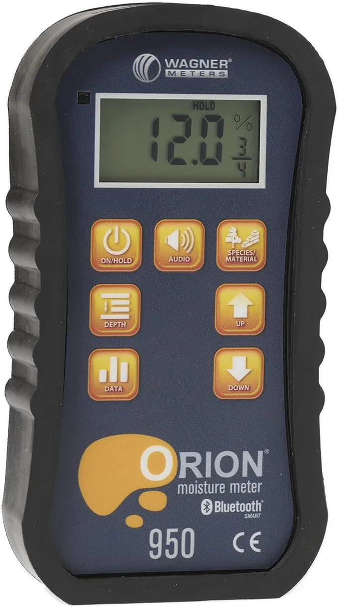 Бесштифтовой измеритель влажности древесины Orion 950® от Wagner Meters I Точное, безопасное, двухглубинное измерение влажности пиломатериалов, Bluetooth, автоматическая электромагнитная совместимость, расчеты GPP/GPK и точки росы (стандартный калибратор