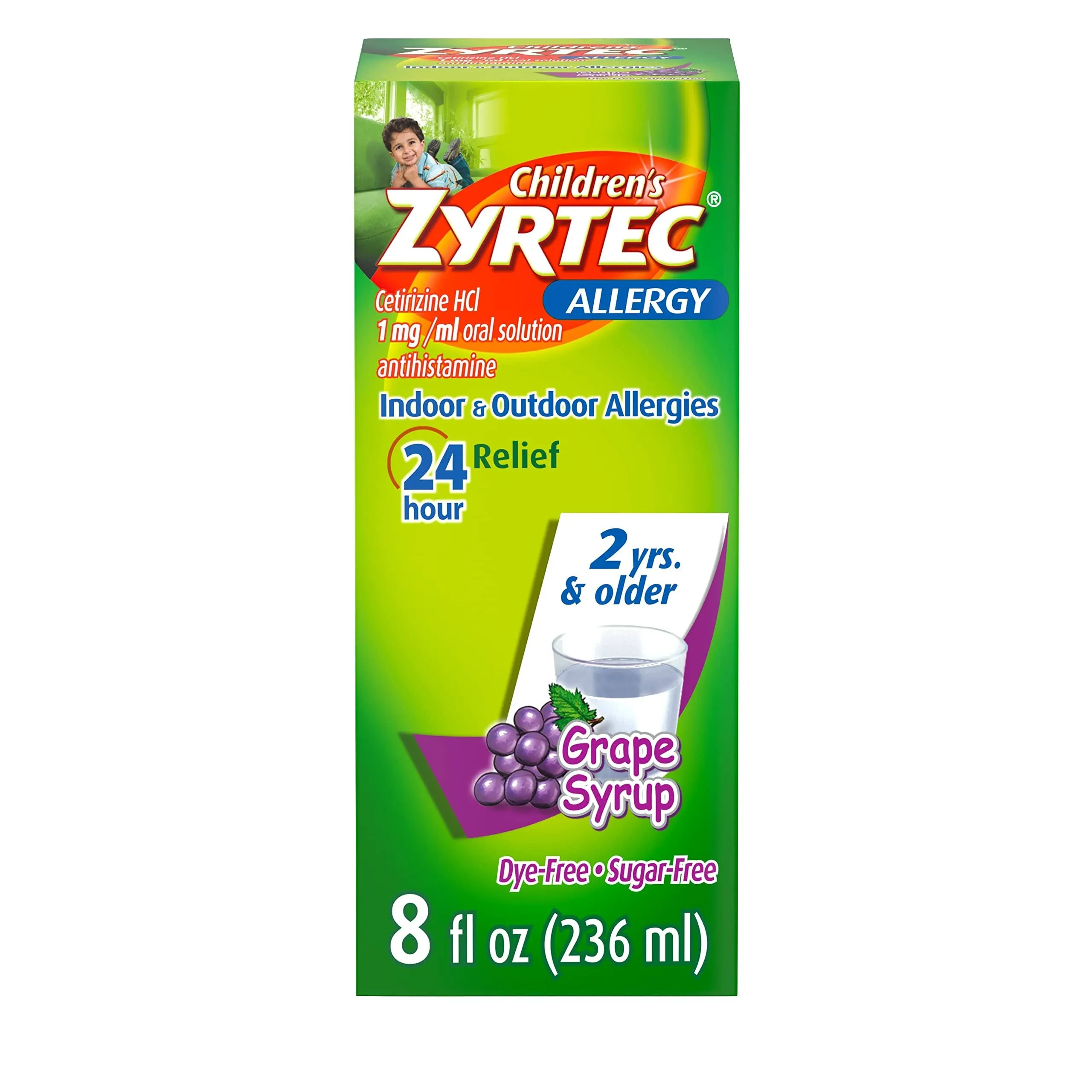 Children’s Zyrtec Allergy Syrup, Dye-Free, Sugar-Free Grape, 4 Oz