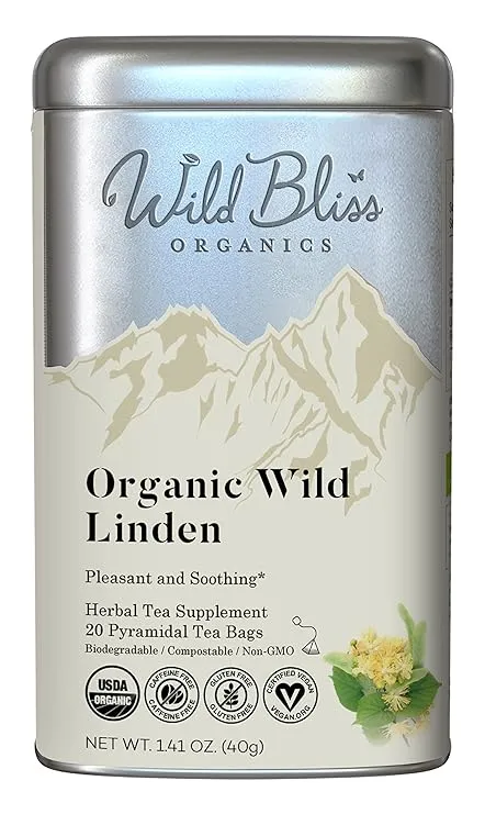 Wild Bliss Organic Linden Flower Herbal Tea - Caffeine Free Tisane - 20 Plant Based Tea Bags