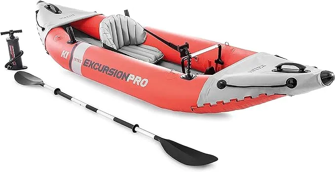 Intex Excursion Pro Single Person Inflatable Vinyl Fishing Kayak Set with Aluminum Oar and High Output Pump for Lakes