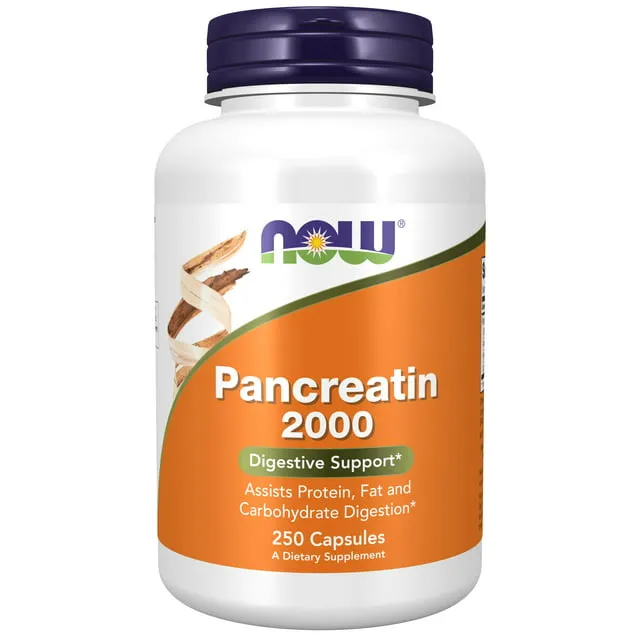 NOW Supplements, Pancreatin 2000 with naturally occurring Protease (Protein Digesting), Amylase (Carbohydrate Digesting), and Lipase (Fat Digesting) Enzymes, 250 Capsules