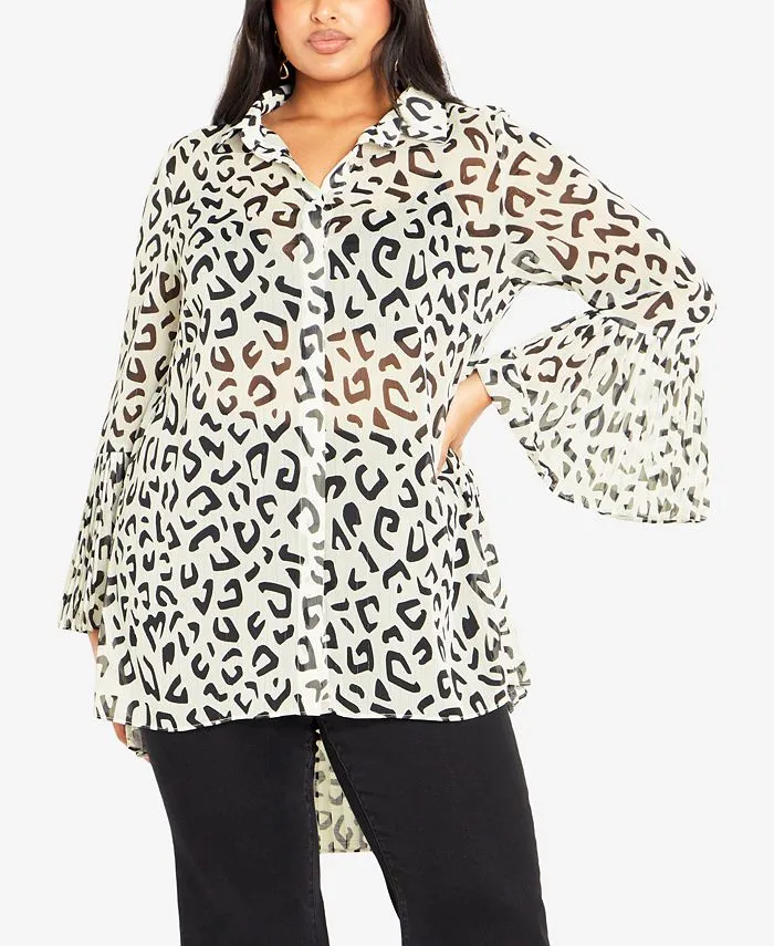 AVENUE Women's AVE Studio Plus Size Shirt Perla Pleat PRT, Mono Mini Puzzle