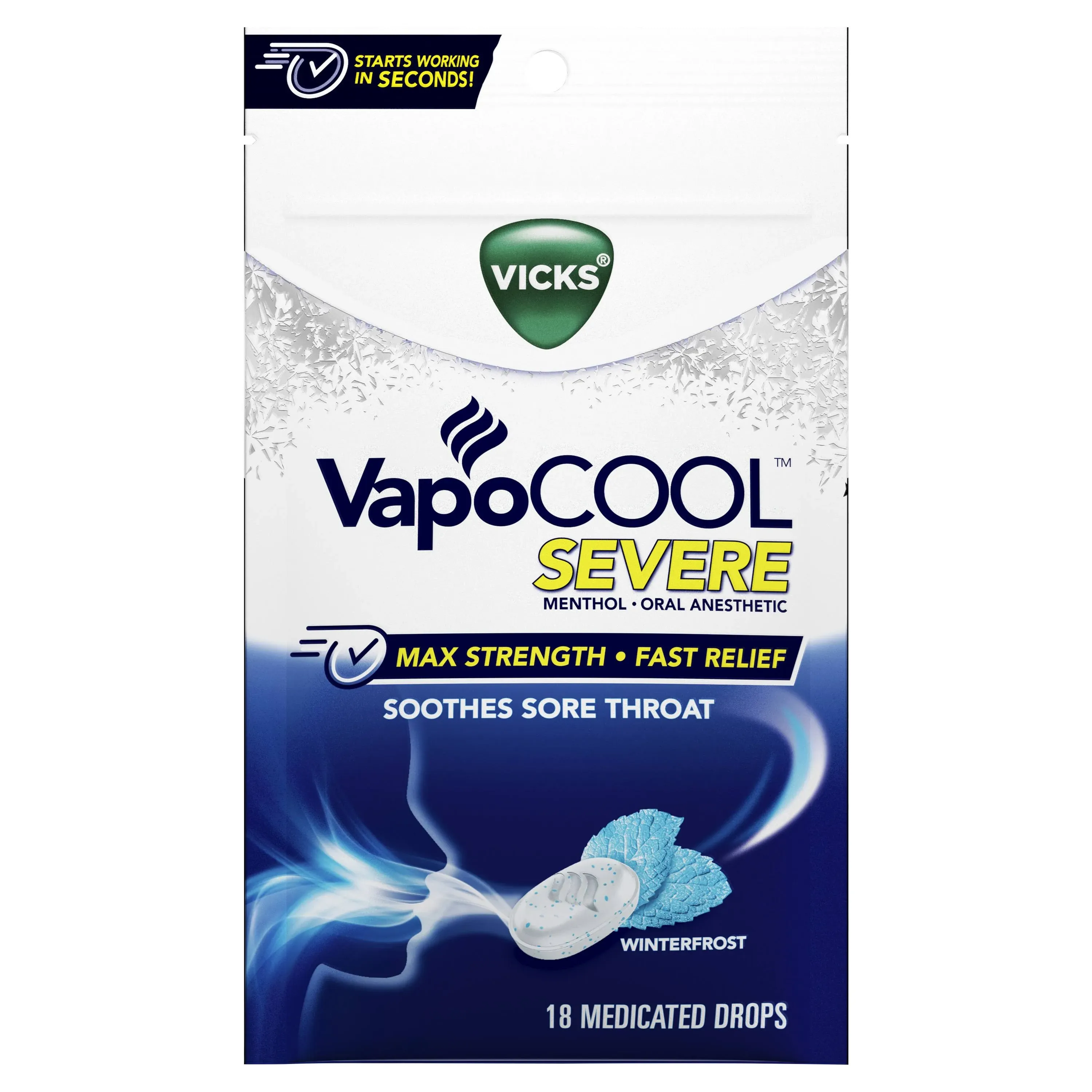 Vicks VapoCOOL Severe Throat Drops Menthol Bag 18 Medicated Drops