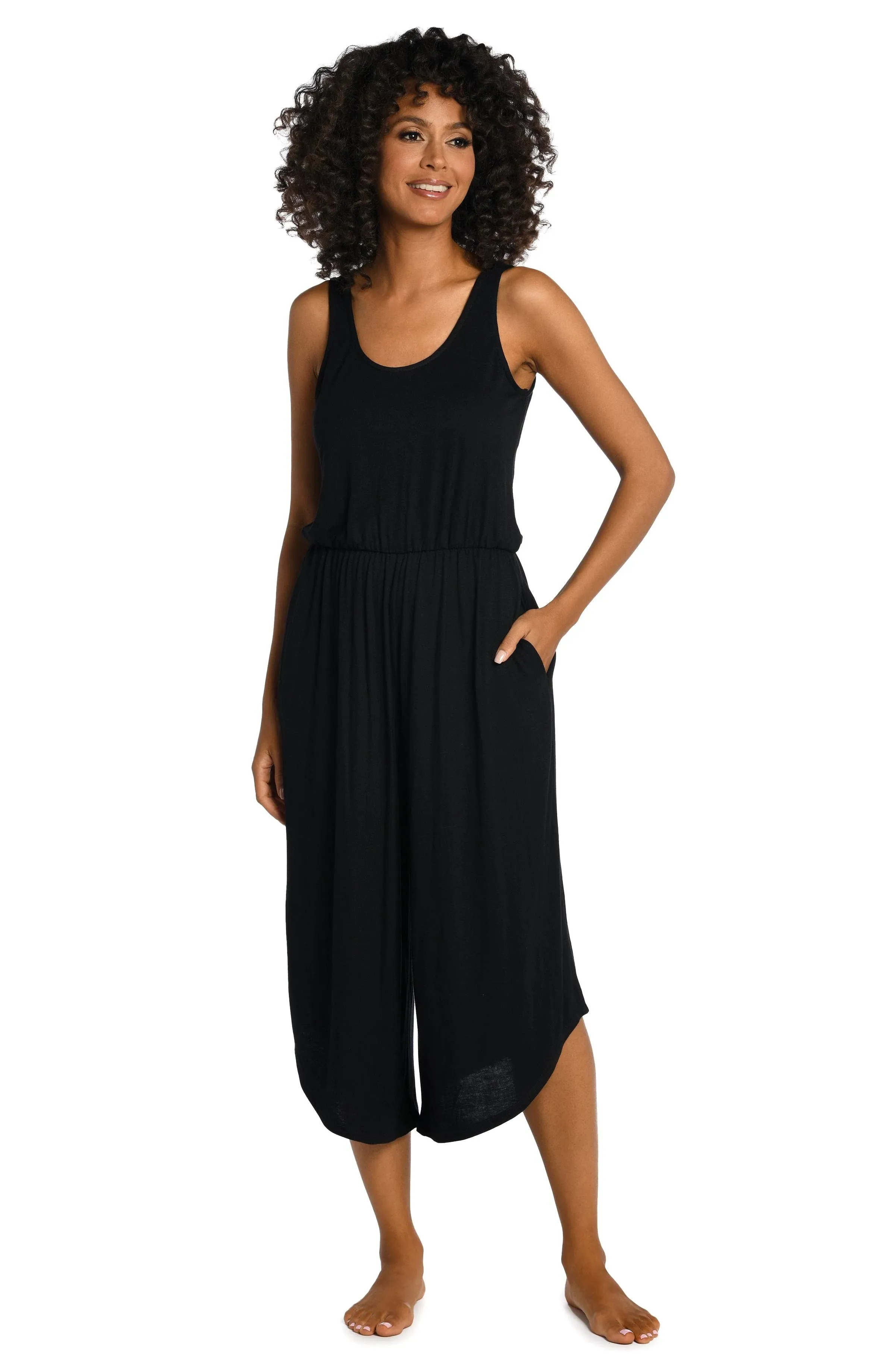 La Blanca Draped Wide Leg Cover-Up Jumpsuit in Black