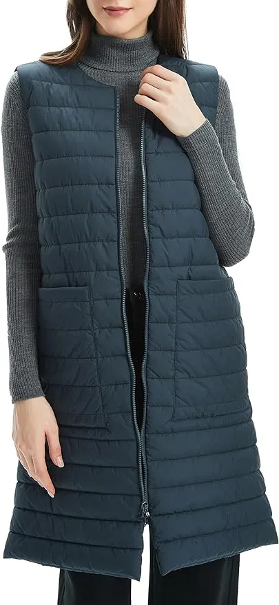 Women Long Puffer Vest Down Quilted Lightweight Sleeveless Jacket with Pockets